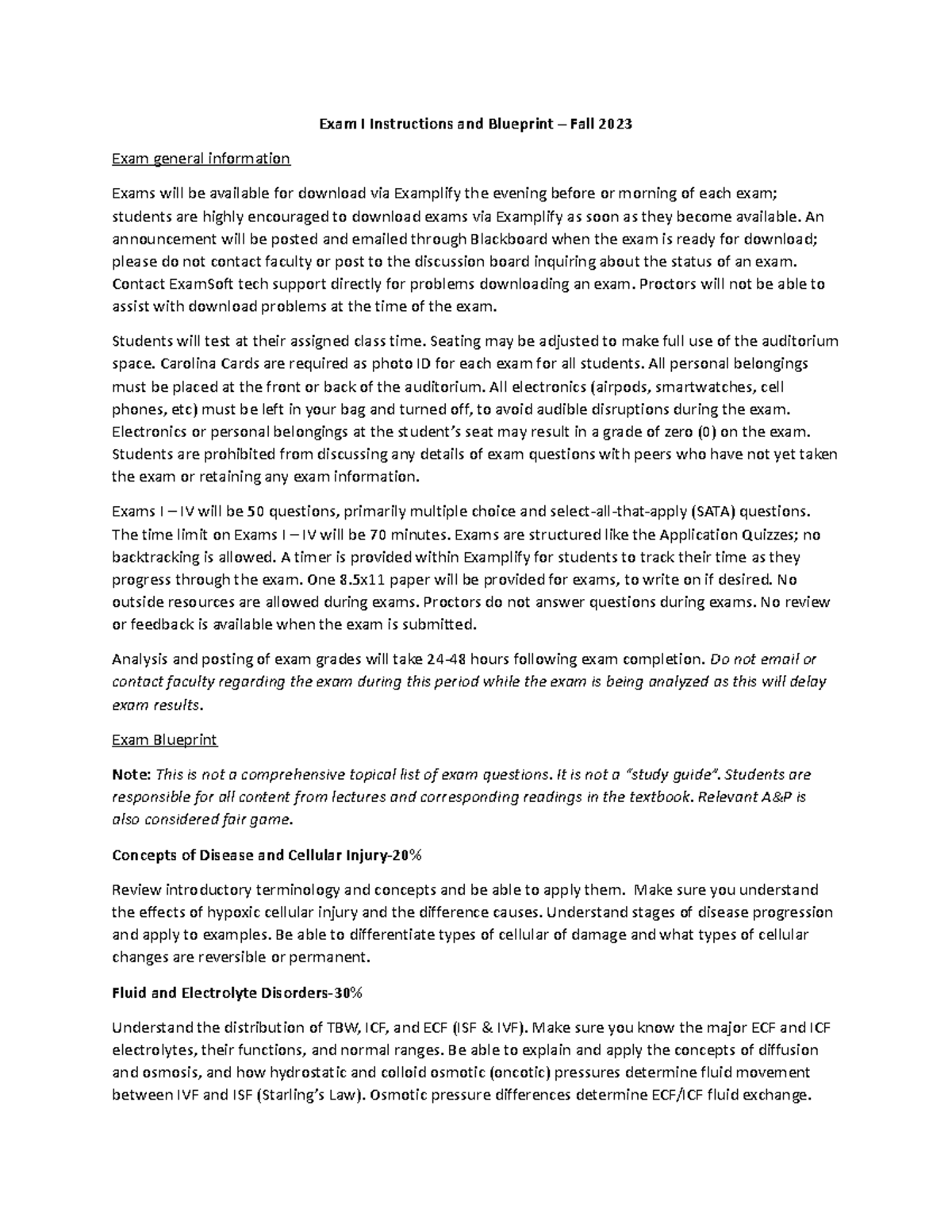 NURS 216 Exam I Blueprint - Exam I Instructions and Blueprint – Fall ...
