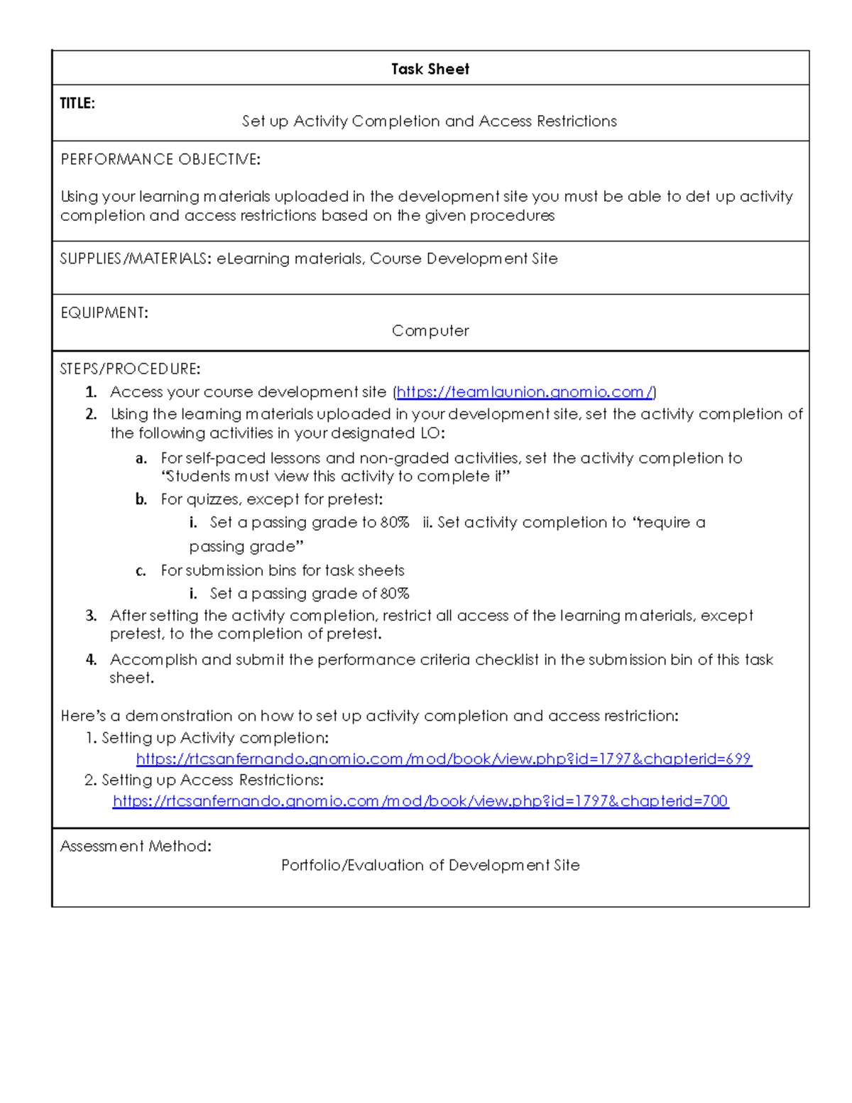 TASK Sheet Activity Completion and Restrictions - Task Sheet TITLE: Set ...