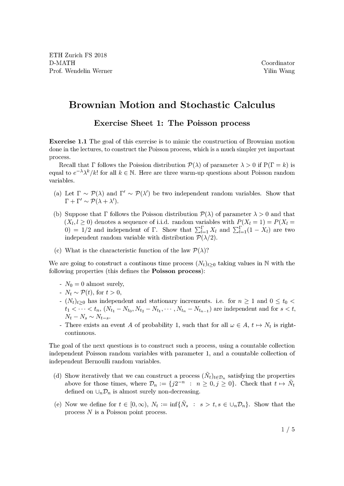 Solution 01 Bmsc 401 3642 00l Eth Zurich Eth Zurich Fs 18 Prof Wendelin Werner Coordinator Yilin Wang Brownian Motion And Stochastic Calculus Exercise Studocu