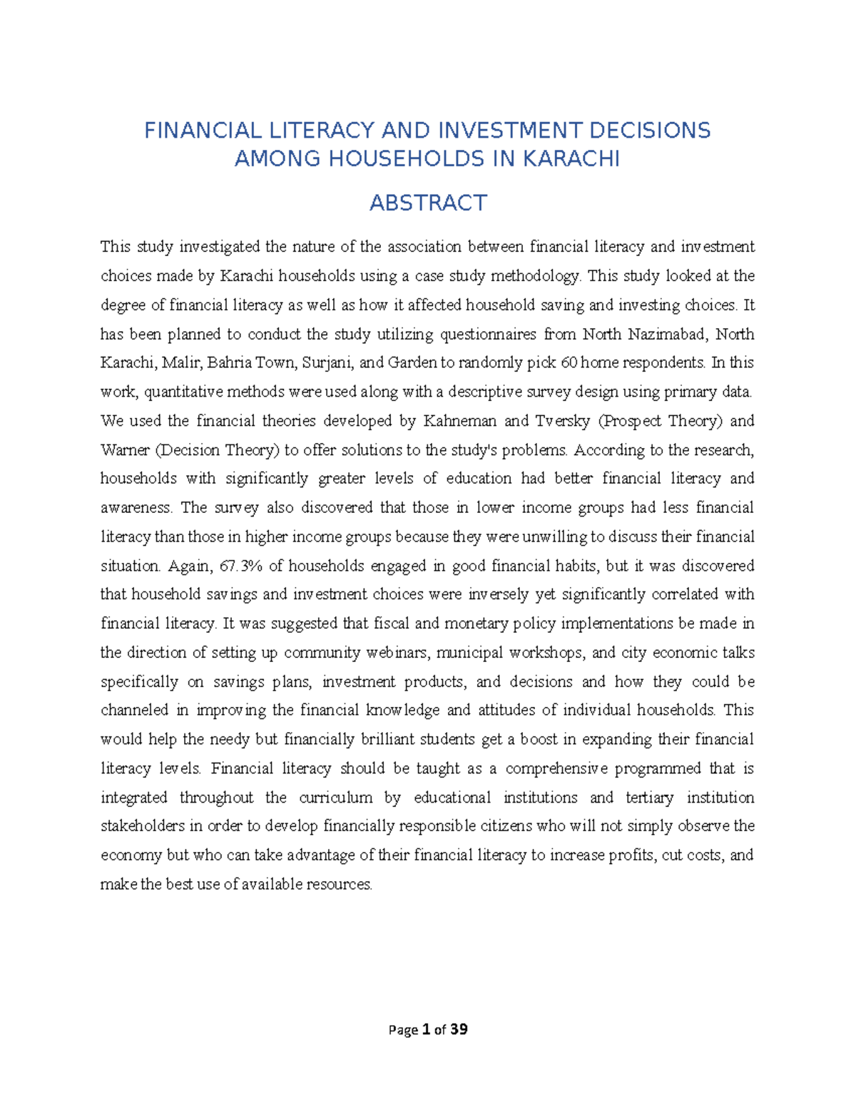 Samra ALI Thesis - financial literacy in Karachi - FINANCIAL LITERACY ...