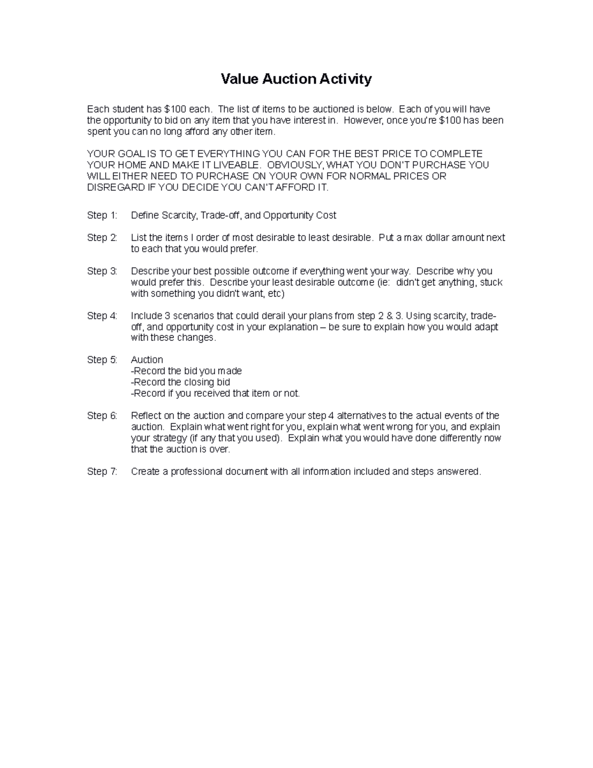 Trade-Off Auction Project - Value Auction Activity Each student has ...