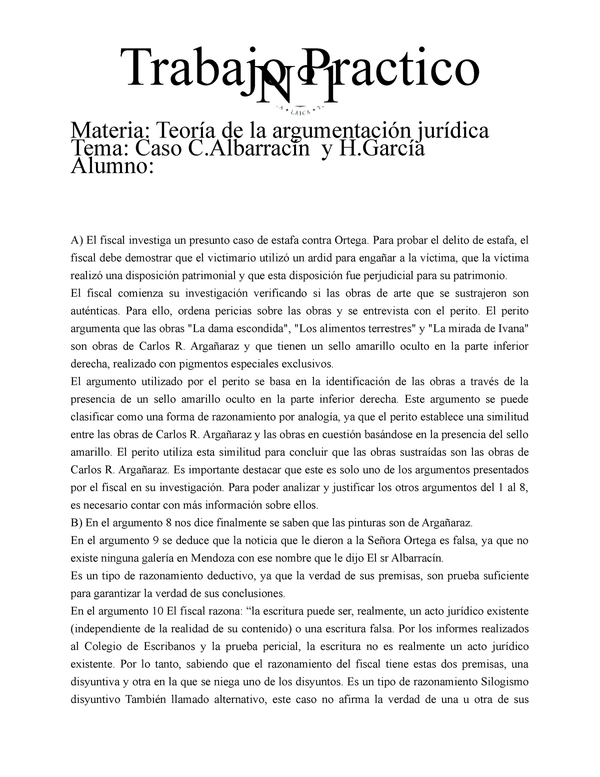 Tp Teor A De La Argumentaci N Jur Dica Trabajo Practico N Materia Teor A De La