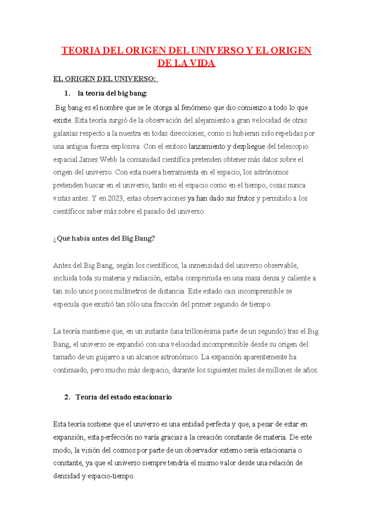 Teoria DEL Origen DEL Universo Y EL Origen DE LA VIDA- Biología ...