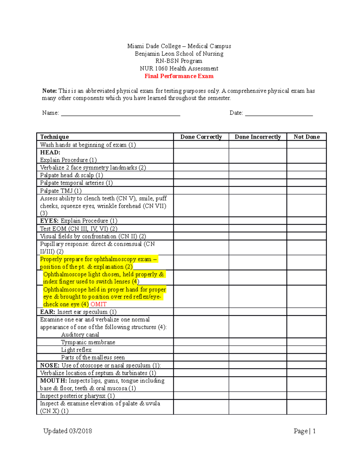 Final Skills Exam Checklist Revised 2-15-2022 2 - Miami Dade College ...