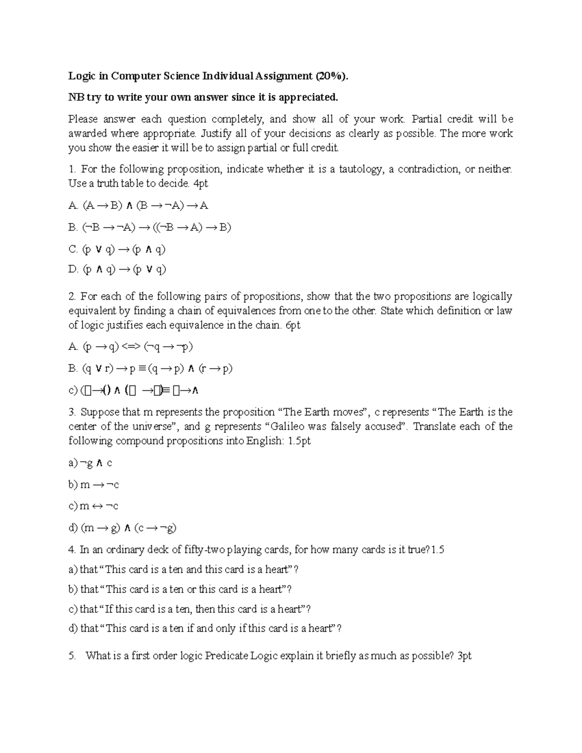 Logic in Computer Science Individual Assignment - NB try to write your ...