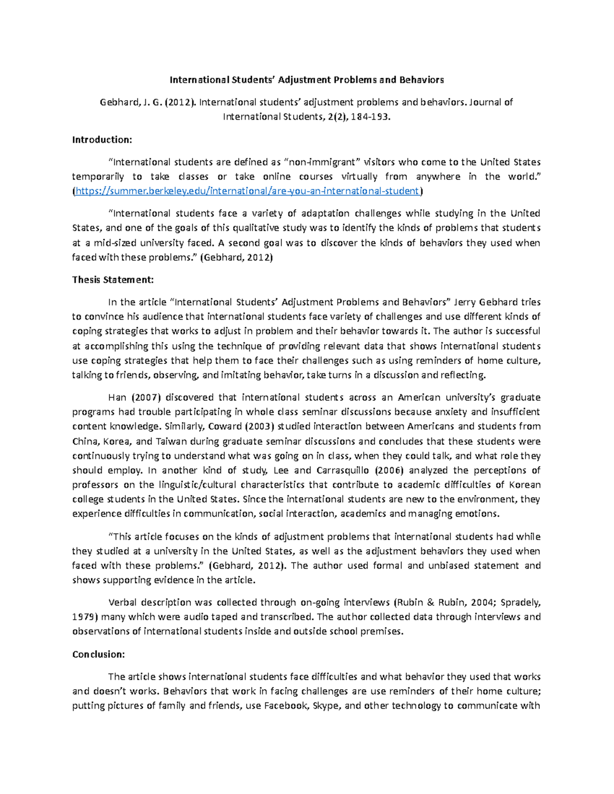 Critique Assignment - International Students’ Adjustment Problems and ...