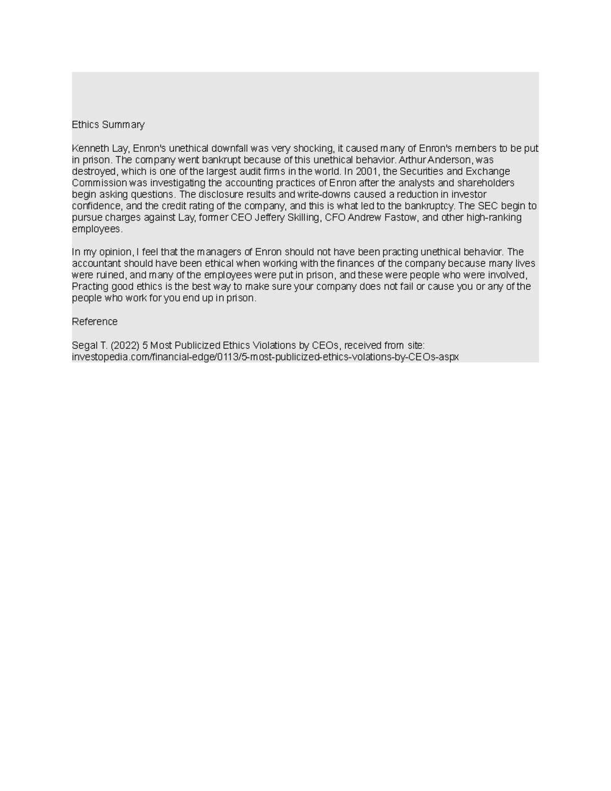 HRM699 Delotta W 3Discussion Ethics Summary Kenneth Lay, Enron's