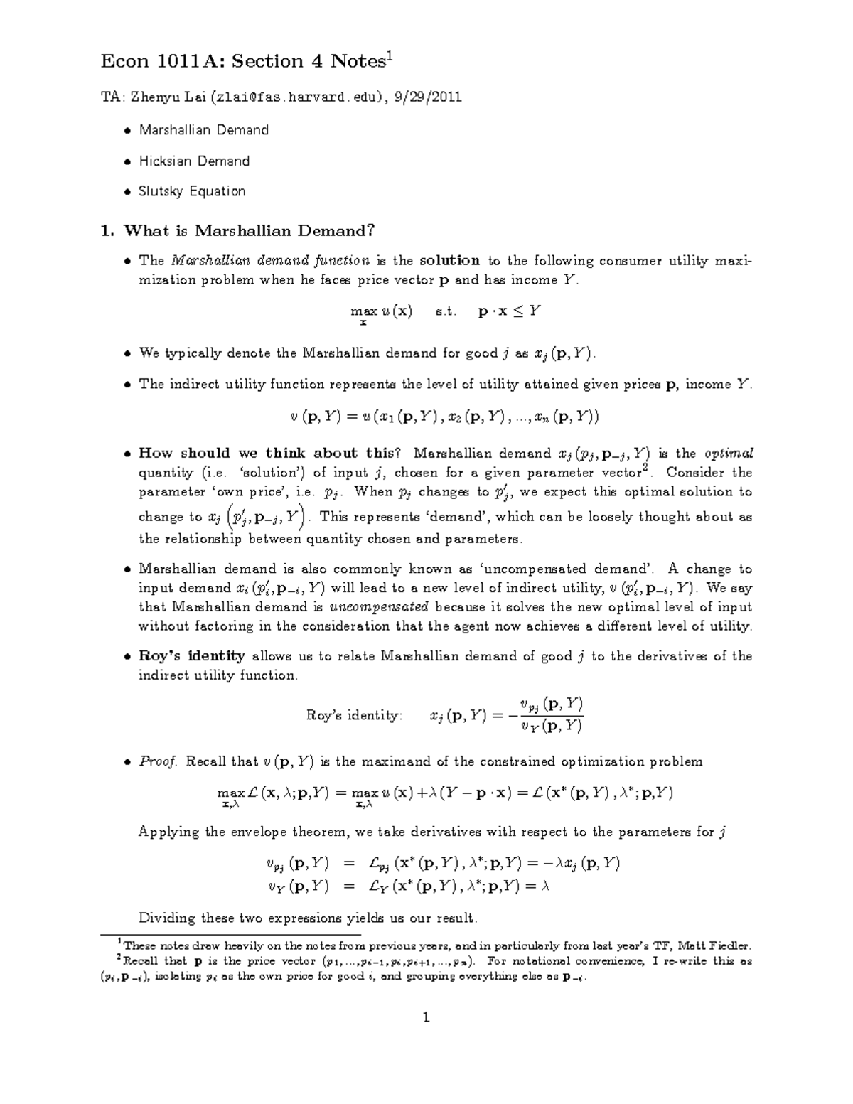 Micro Theory Note4 Demand good - Econ 1011A: Section 4 Notes 1 TA ...