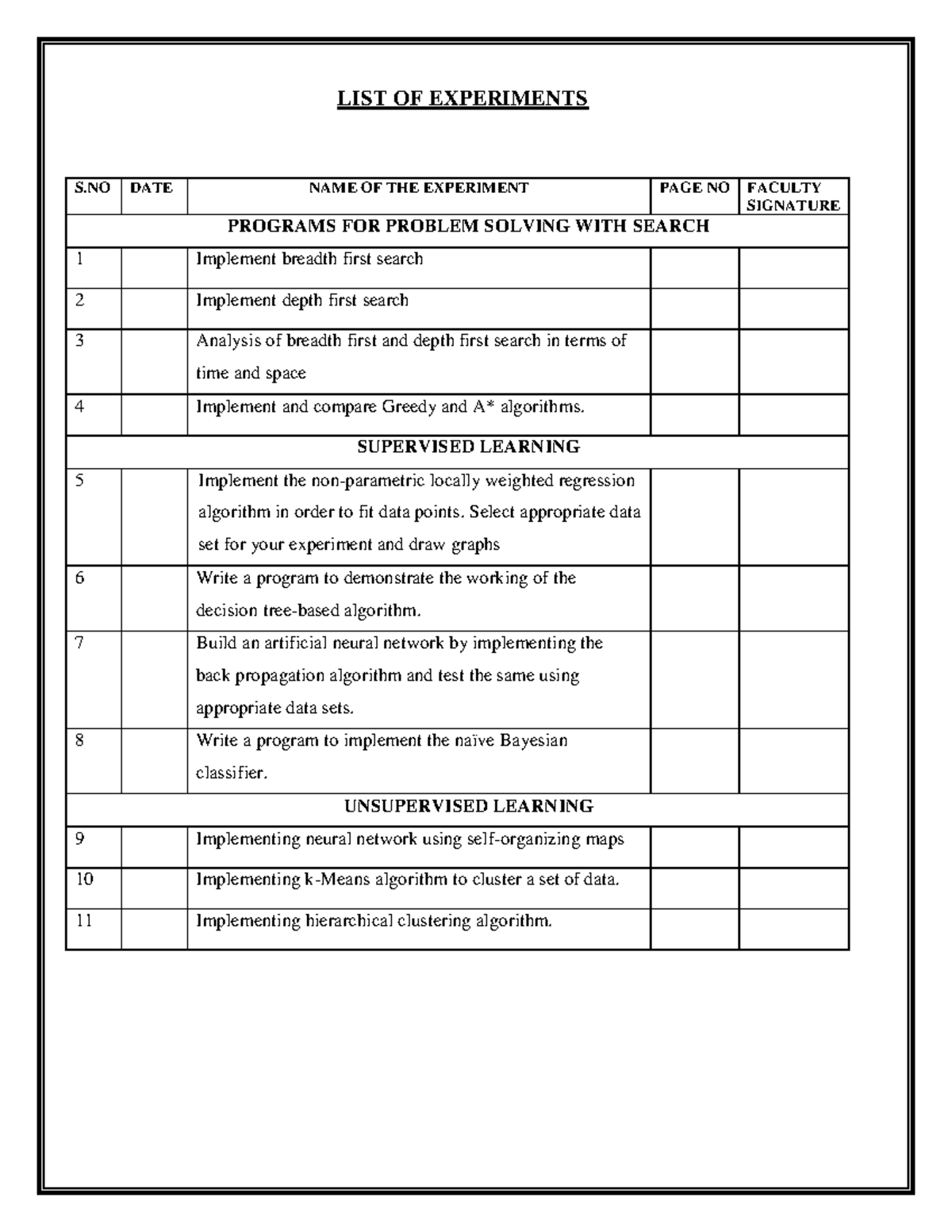 AIML LAB Manual Civil326 LIST OF EXPERIMENTS S DATE NAME OF THE