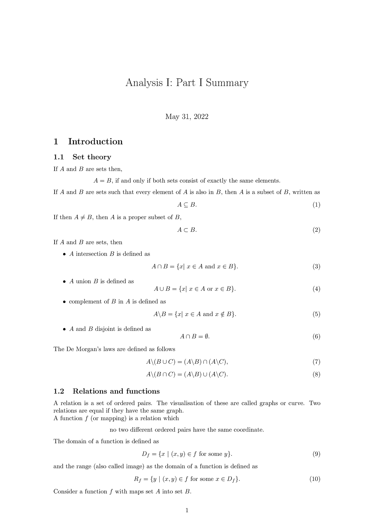 Analysis Summary Part I (All Topics) - Analysis I: Part I Summary May ...