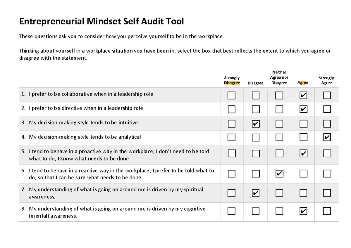 230807 Entrepreneurial Mindset Self Audit Tool - Entrepreneurial ...