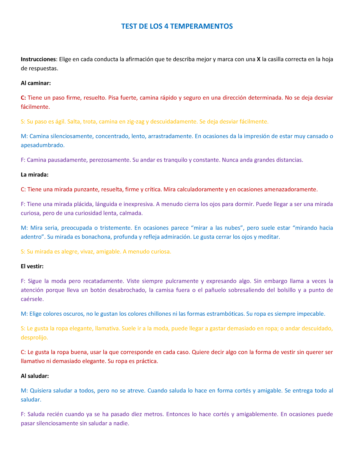 S.1 Actividad 1 TEST DE LOS 4 Temperamentos - TEST DE LOS 4 ...