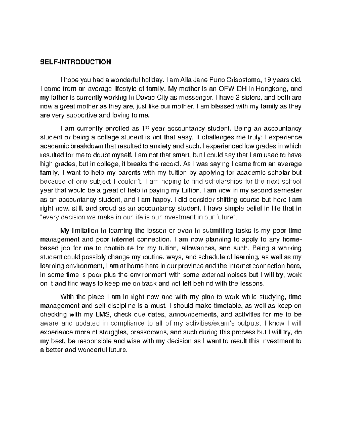 SELF- Introduction- GE4 (7874) - AILA JANE PUNO CRISOSTOMO GE4 (7874 ...