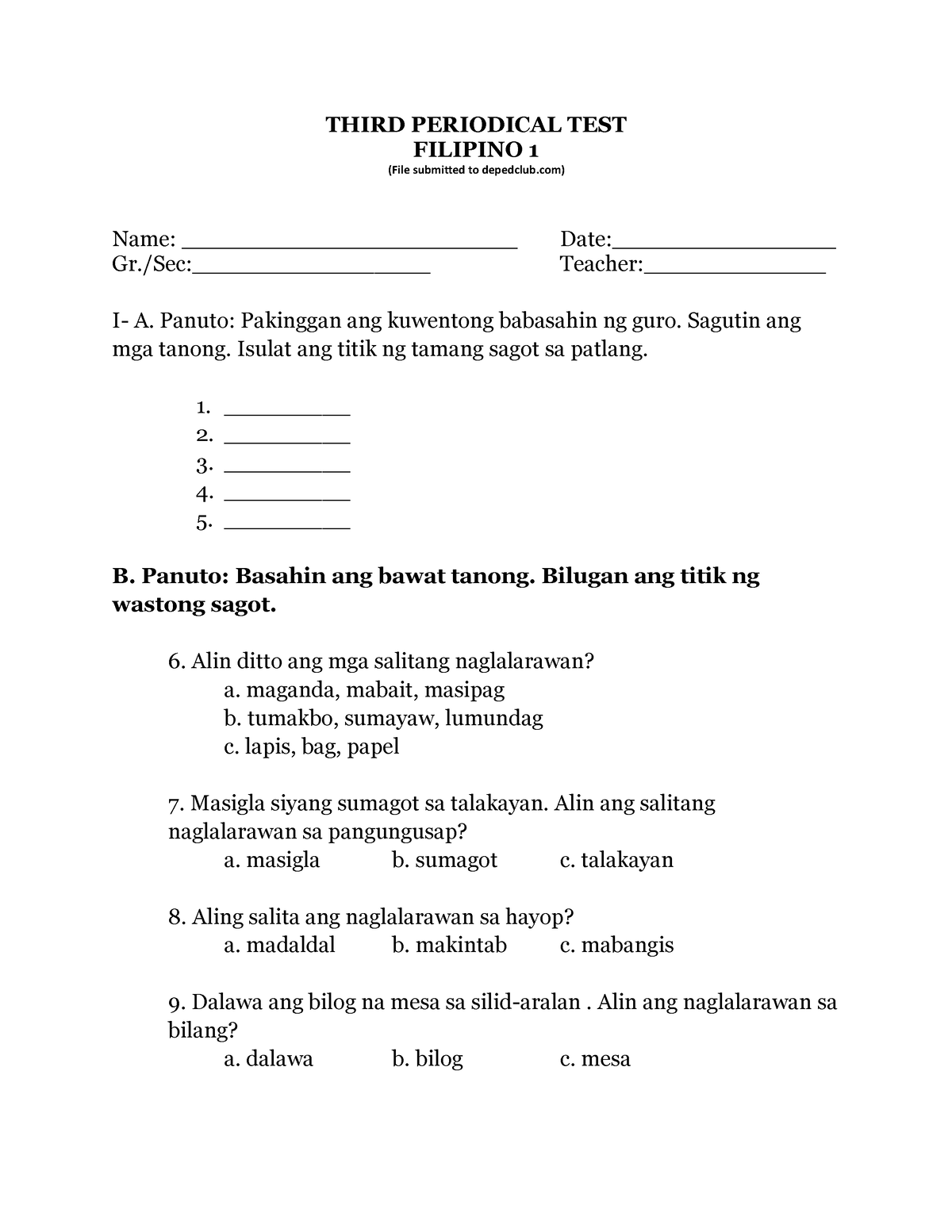 PT Filipino 1 Q3 - Use These As Support. - THIRD PERIODICAL TEST ...