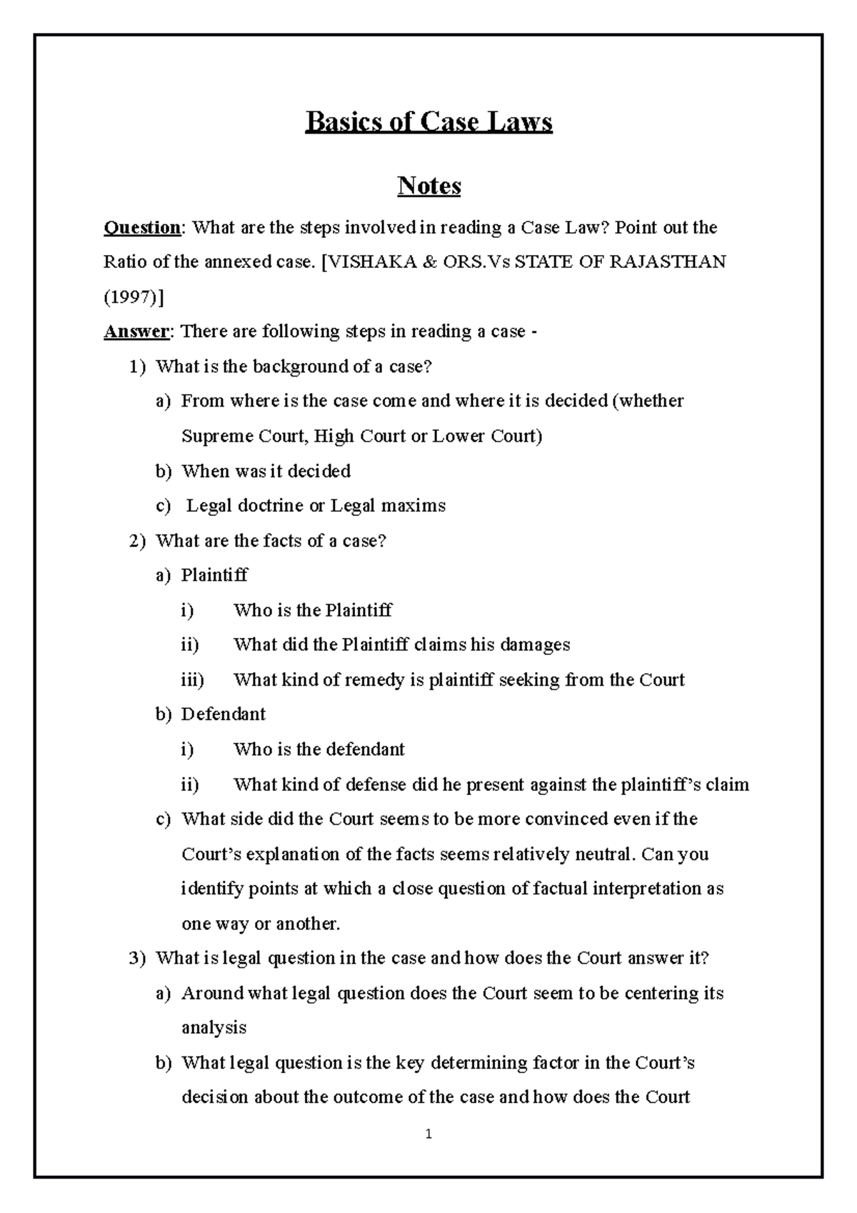 NotesBasics of Case Laws Basics of Case Laws Notes Question What