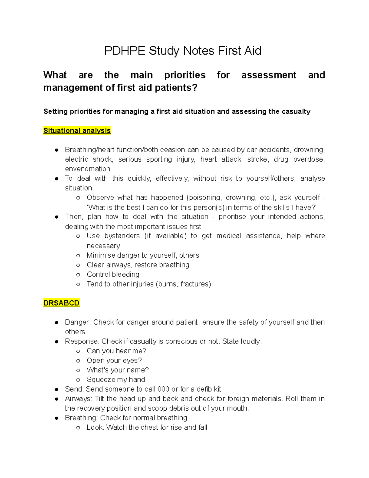 Pdhpe Study Notes First Aid - PDHPE Study Notes First Aid What are the ...