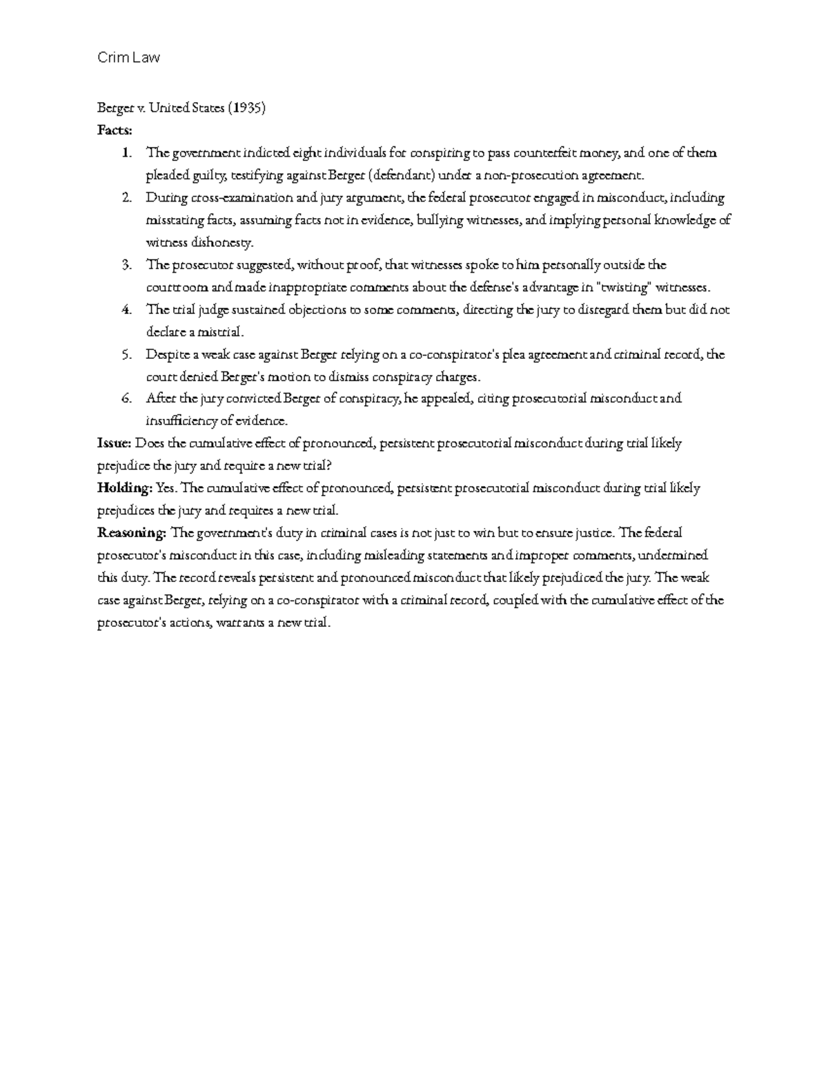 Berger v. United States (1935) - Crim Law Berger v. United States (1935 ...