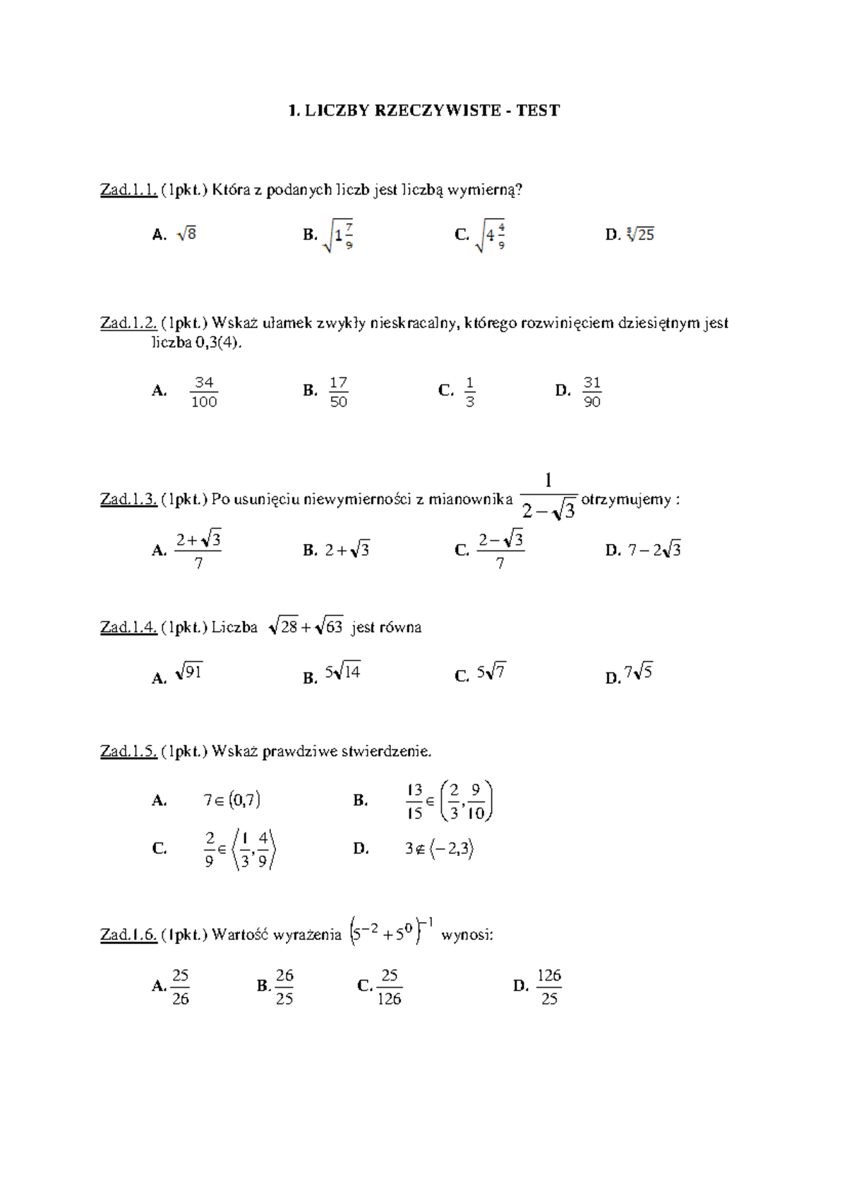 Liczby Rzeczywoste Sprawdzian Liceum Nowa Era 2014 www.studocu.com