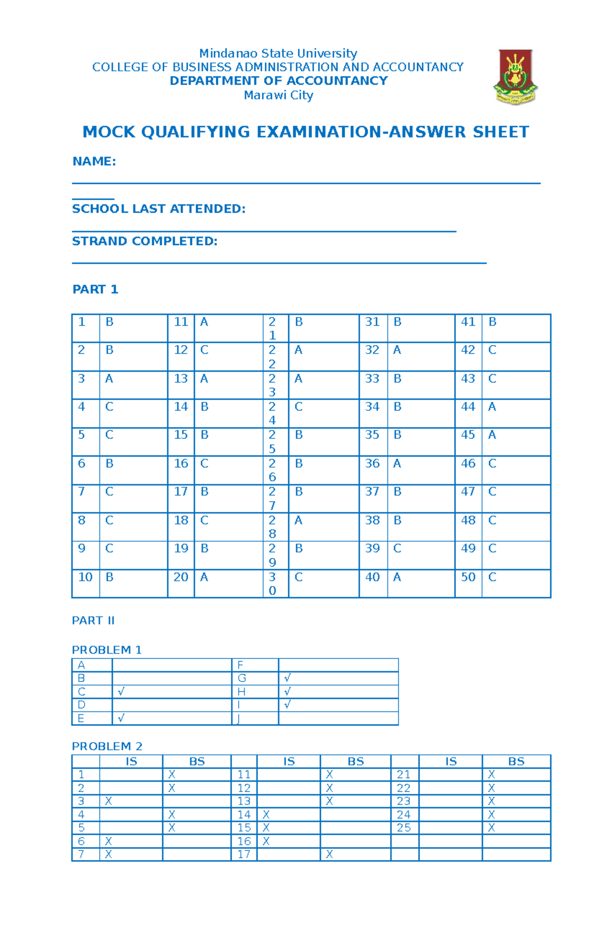 KEY- Answer-MQE - ...... - MOCK QUALIFYING EXAMINATION-ANSWER SHEET ...