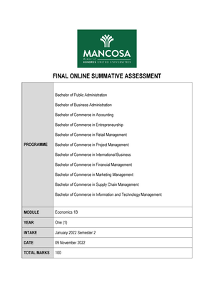 Economics 1B - Study Guide - Module Guide Copyright© 2021 MANCOSA All ...