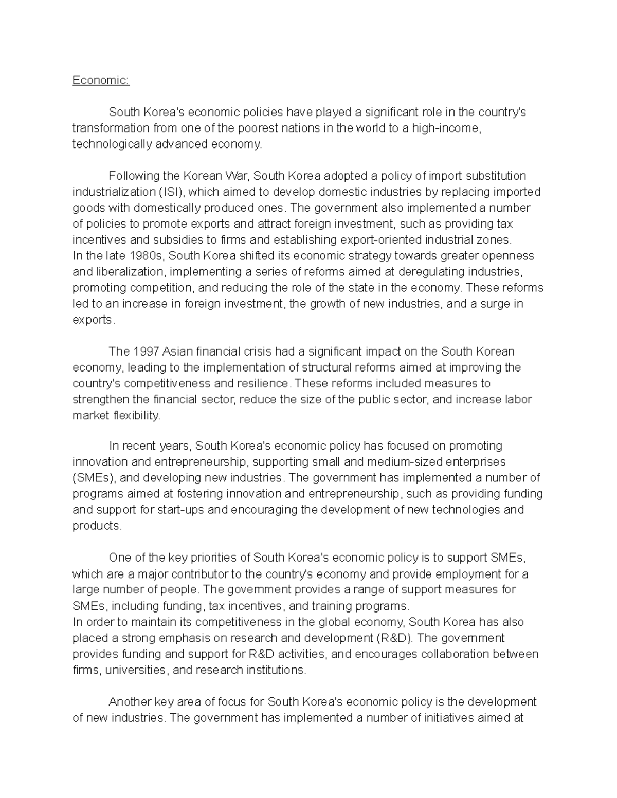 History of Korea Notes Economic South Korea's economic policies have