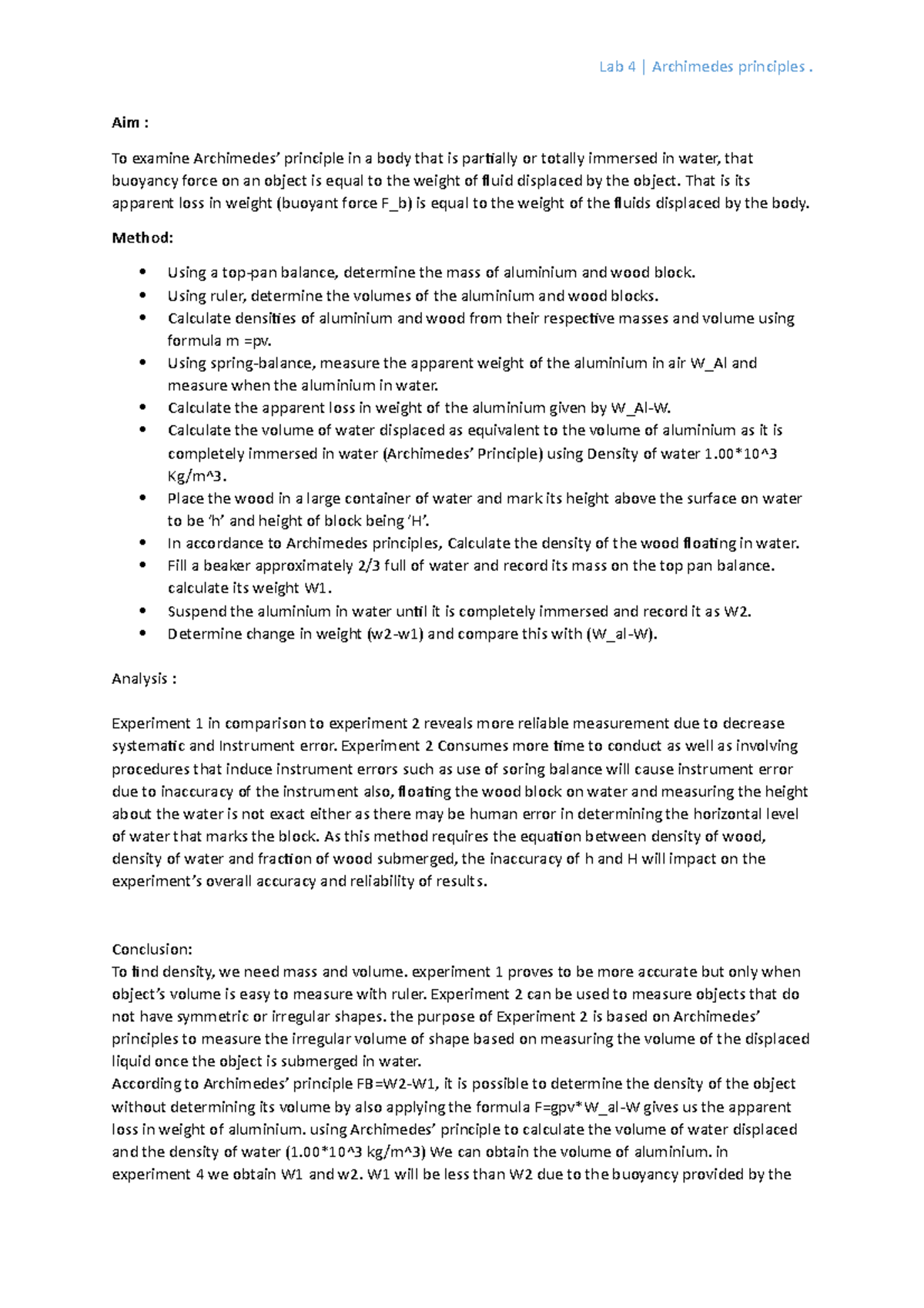 Lab 3 - lab 3 resluts - Lab 4 Archimedes principles . Aim : To examine ...