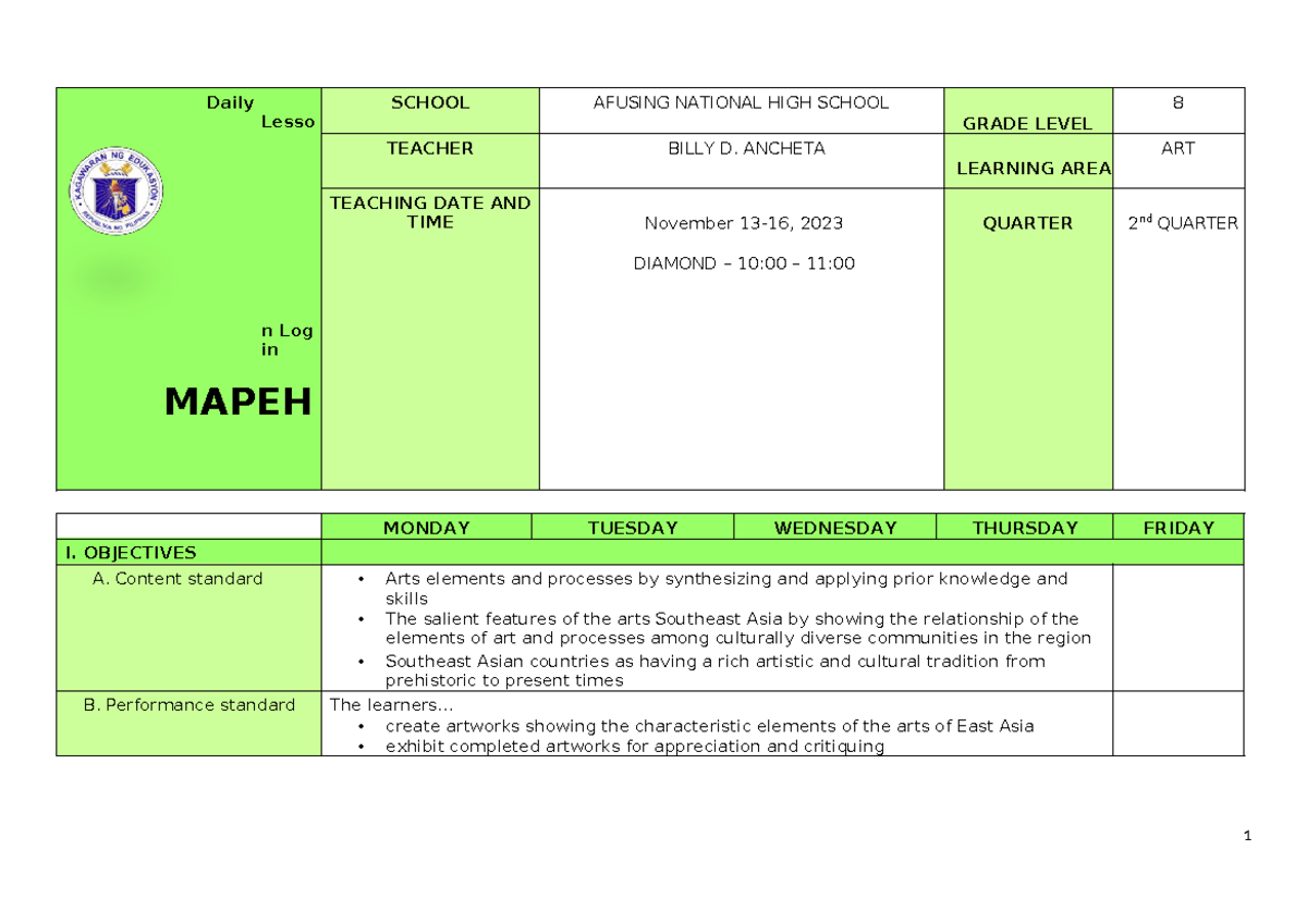 Q2 Grade 8 Arts DLL Week 1 - Daily Lesso n Log in MAPEH SCHOOL AFUSING ...