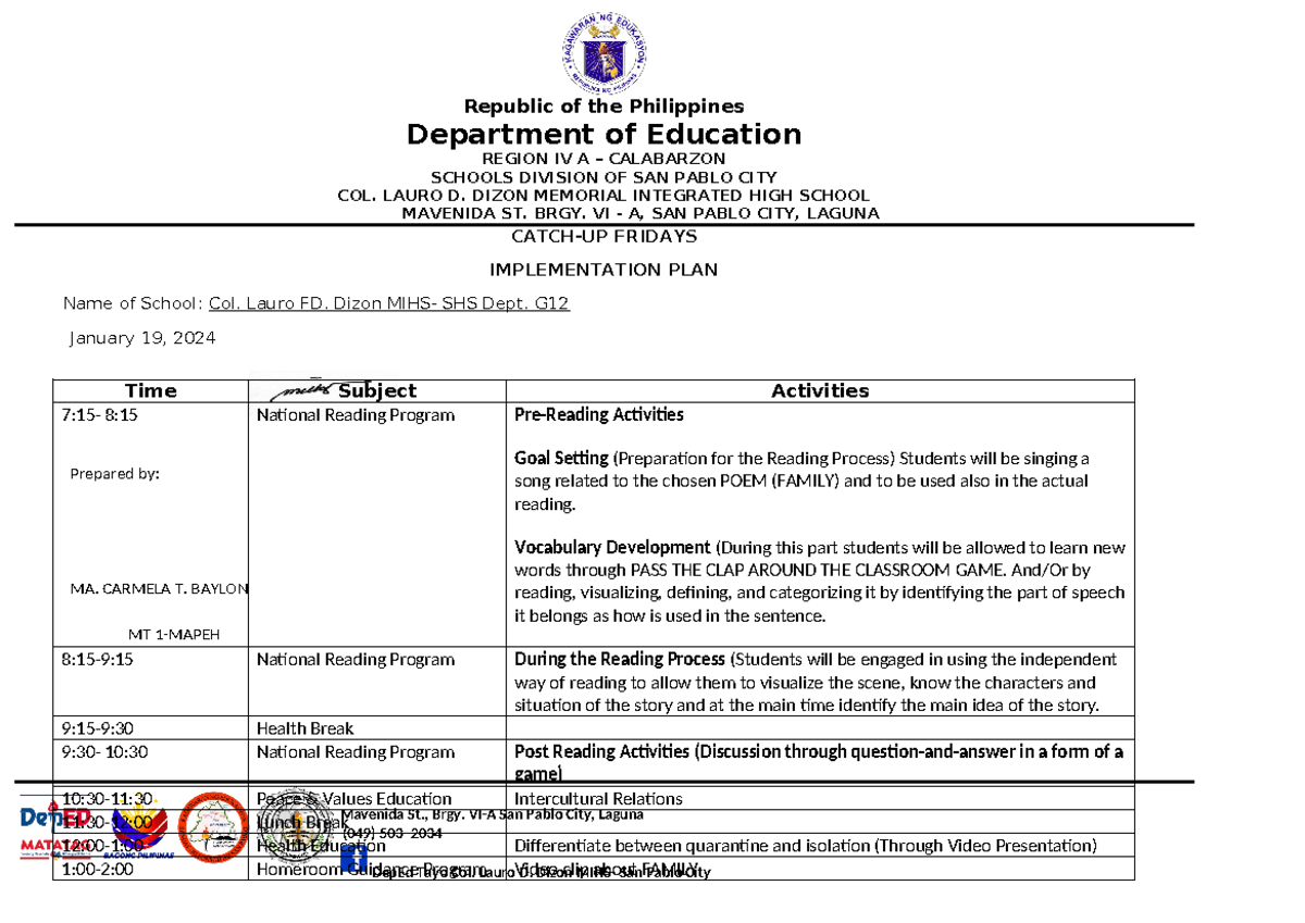 2nd G12 Implementation-Plan - Republic of the Philippines Department of ...