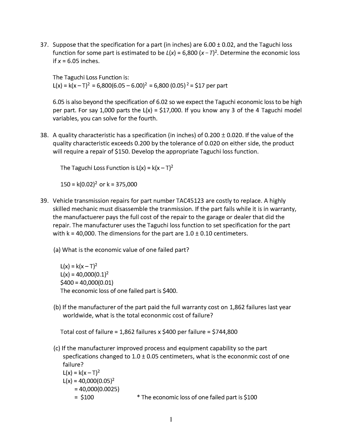 Taguchi Reliability - Suppose that the specification for a part (in ...