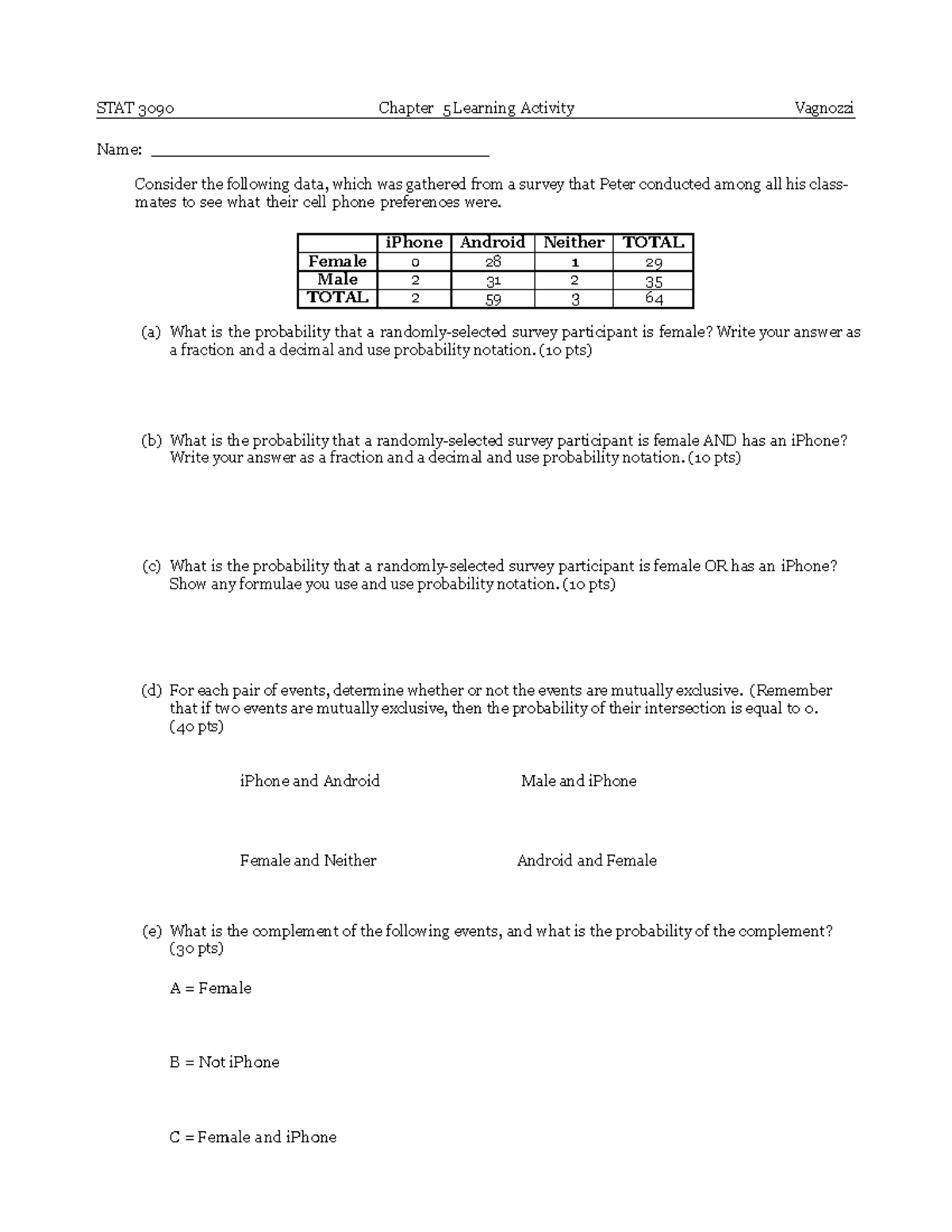 STAT 3090 Ch5 LA1 - stuff - STAT 3090 Chapter 5 Learning Activity ...