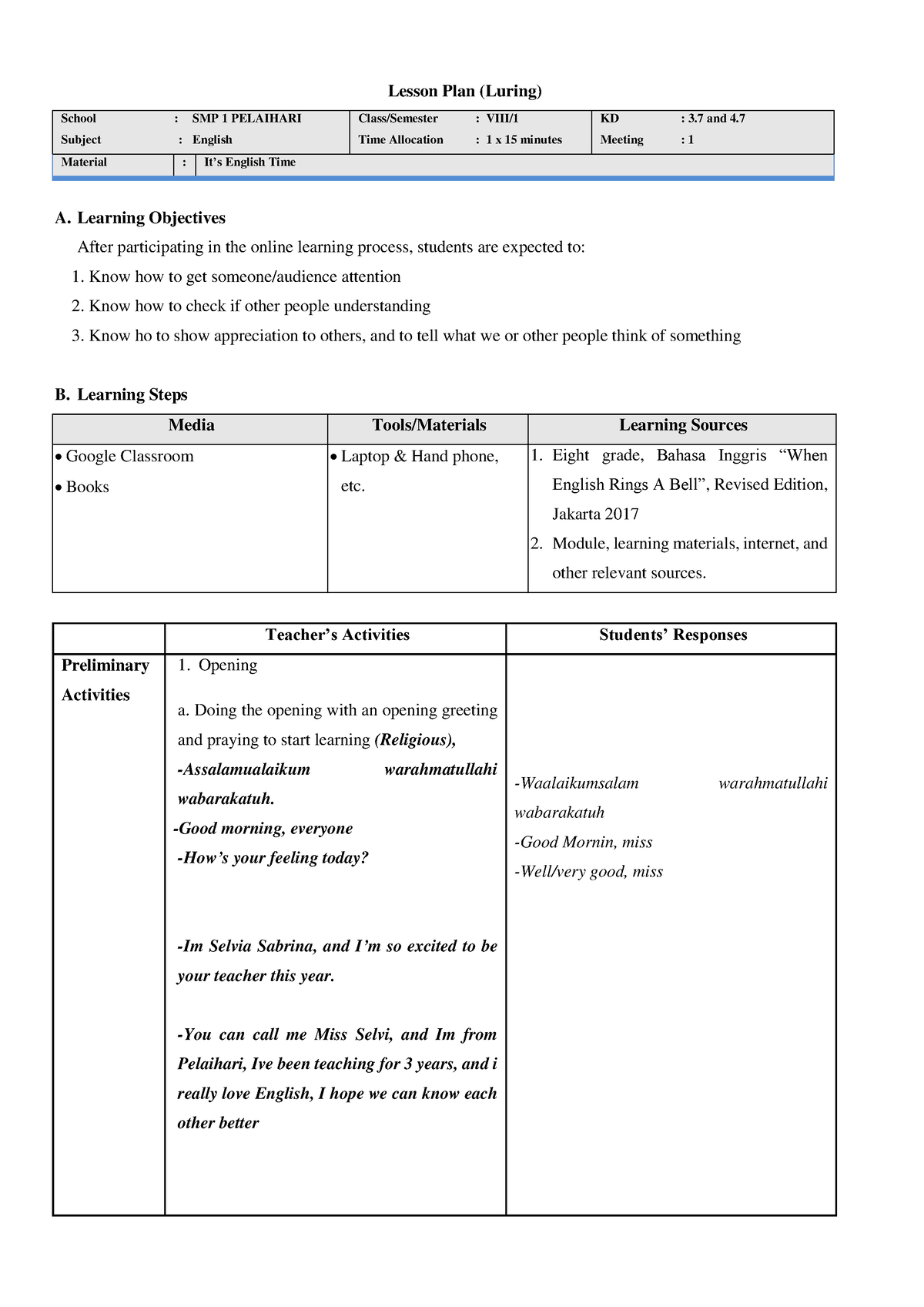 Lesson Plan ppl - Lesson Plan (Luring) School : SMP 1 PELAIHARI Subject ...