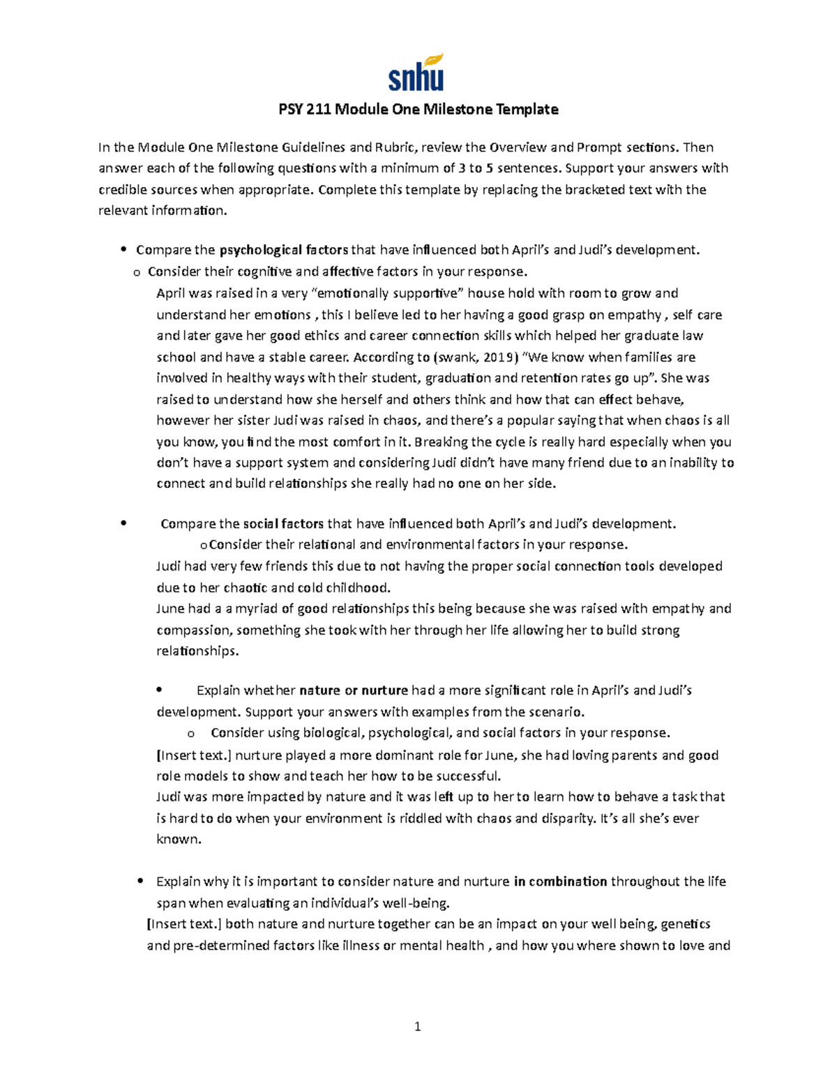 PSY 211 Module One Milestone Template 2 - PSY 211 Module One Milestone ...