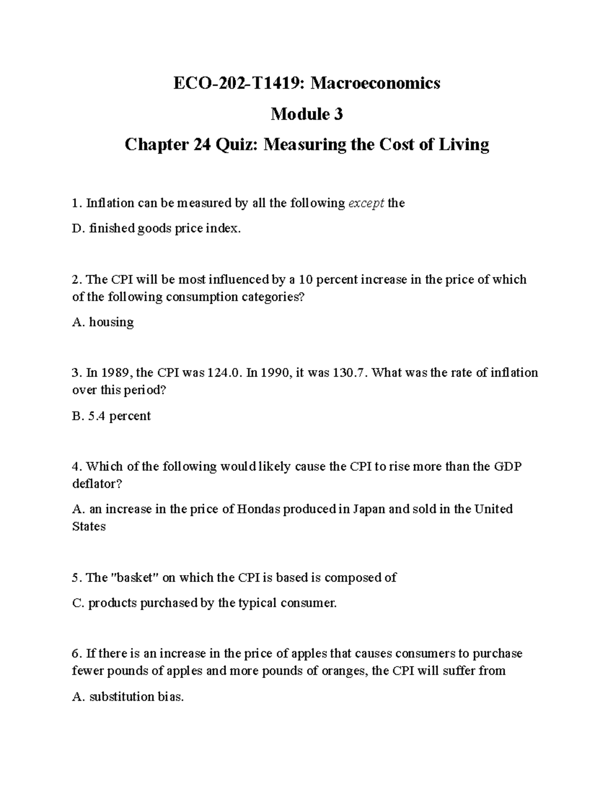 Chapter 24 Quiz Measuring The Cost Of Living - ECO-202-T1419 ...