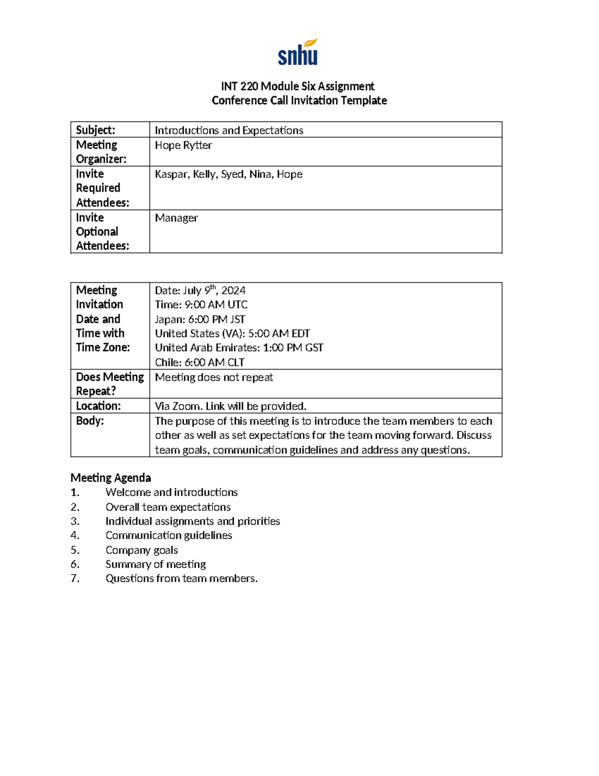INT 220 Conference Call Invitation - INT 220 Module Six Assignment ...