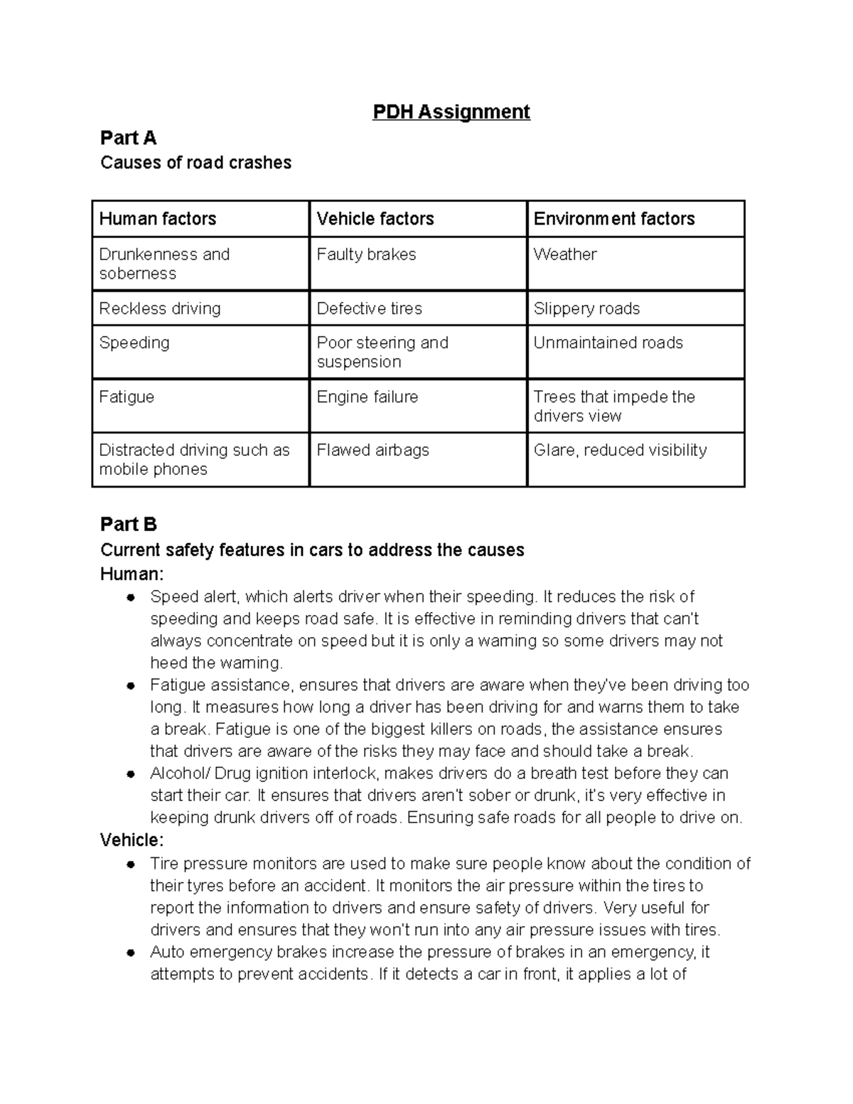 PDH Assignment - Research about cars and the safety of cars for ...