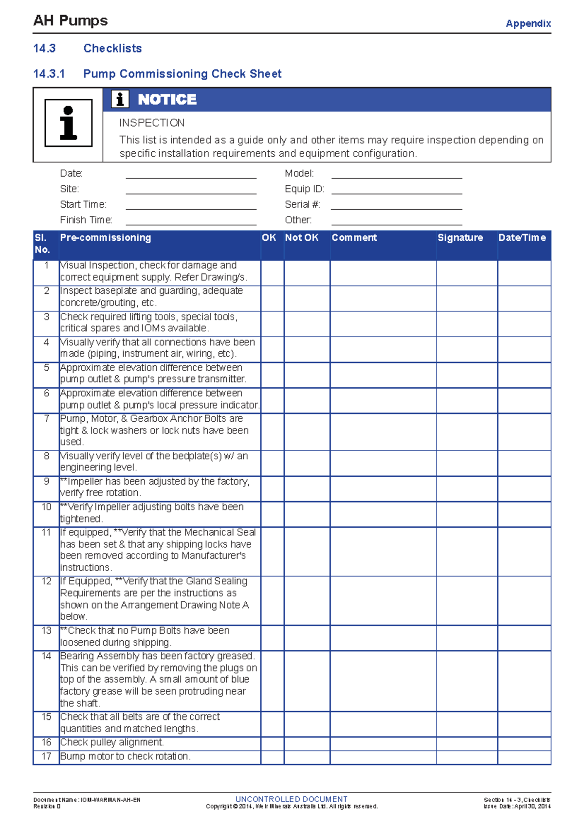 Weir Minerals AH Pump Commissioning Checklists - 2014 - AH Pumps ...