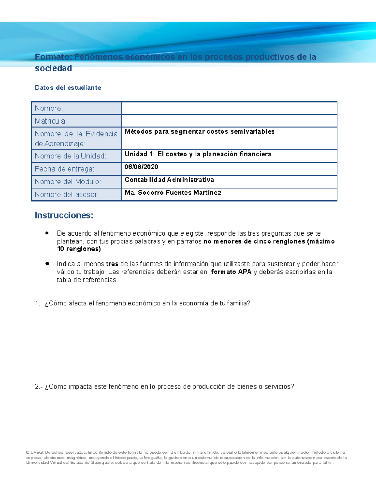 Ea2 Formato Proyecto Implementario - Formato: Fenómenos Económicos En ...