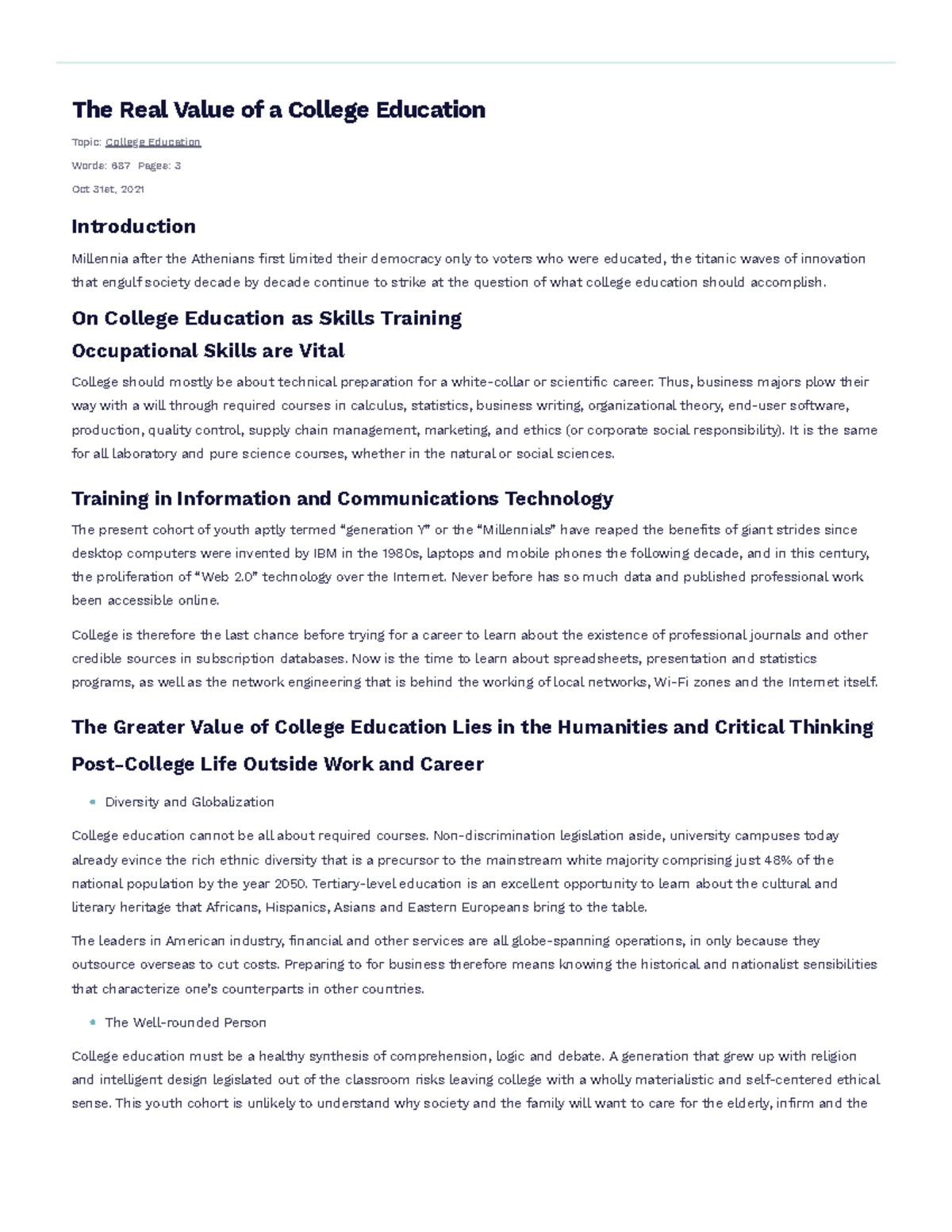 the value of college education essay