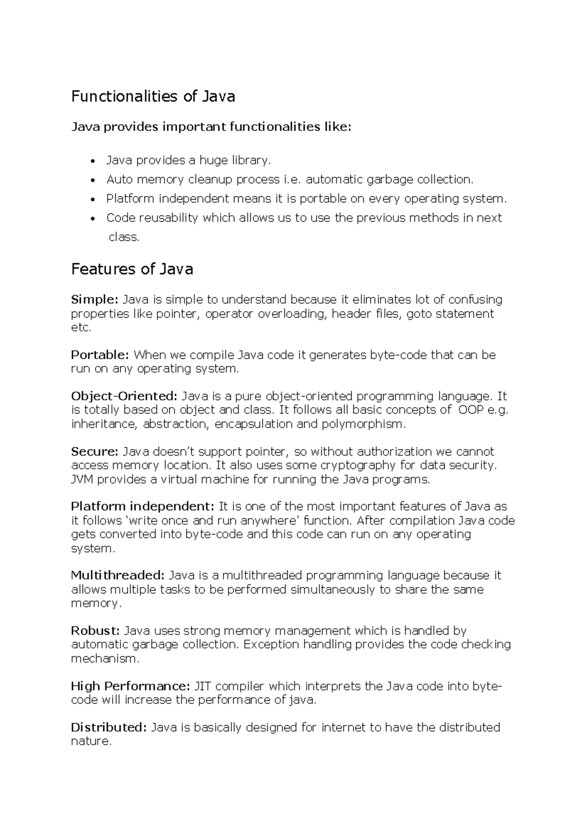 Java notes for MID - Functionalities of Java Java provides important ...