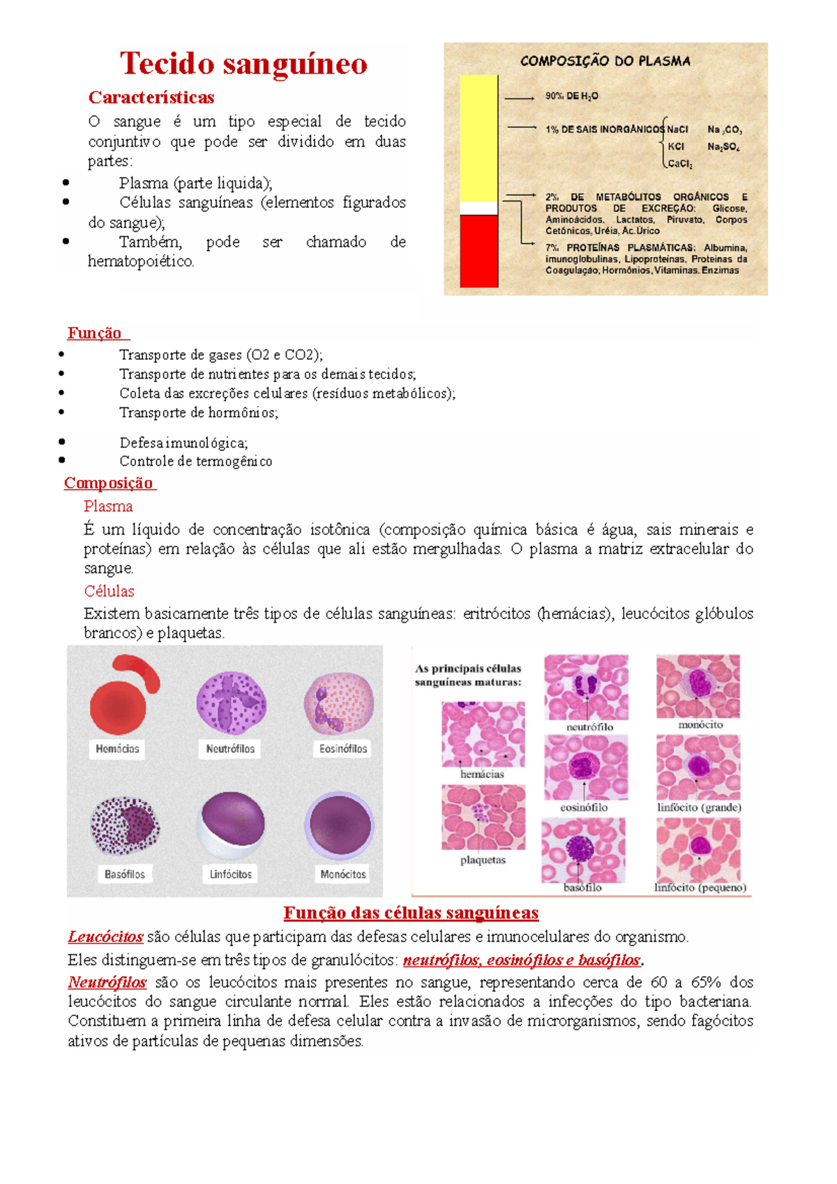 Tecido Sanguíneo - Resumo Histologia - Tecido Sanguíneo Características ...