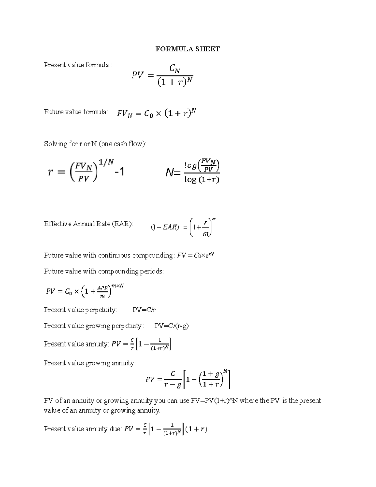 Formulas Sheet Quiz1 FORMULA SHEET Present Value Formula Future Formulas Sheet Quiz1 FORMULA SHEET Present Value Formula Future