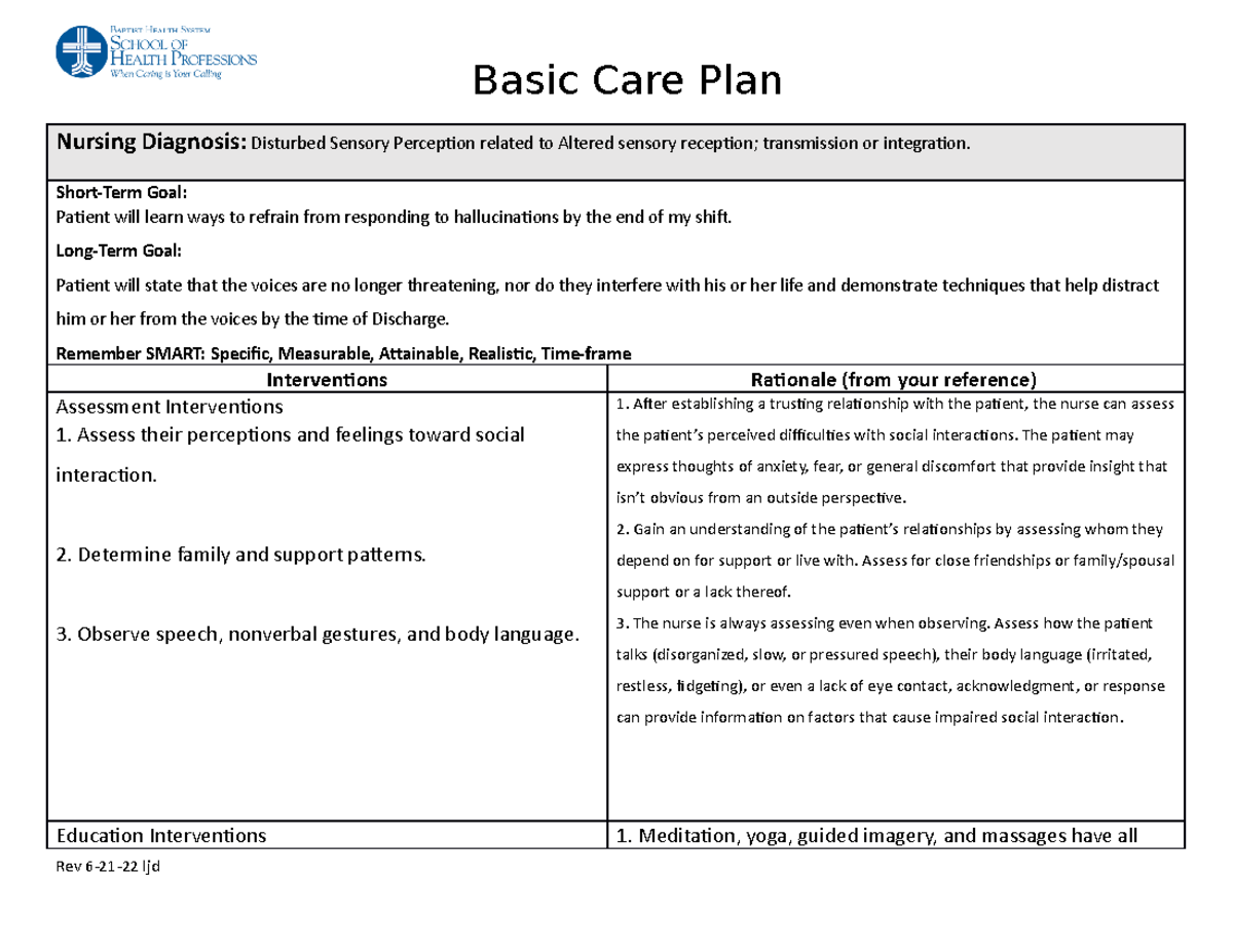 Week 7 care plan - basic care plan for Schizophrenia - Basic Care Plan ...