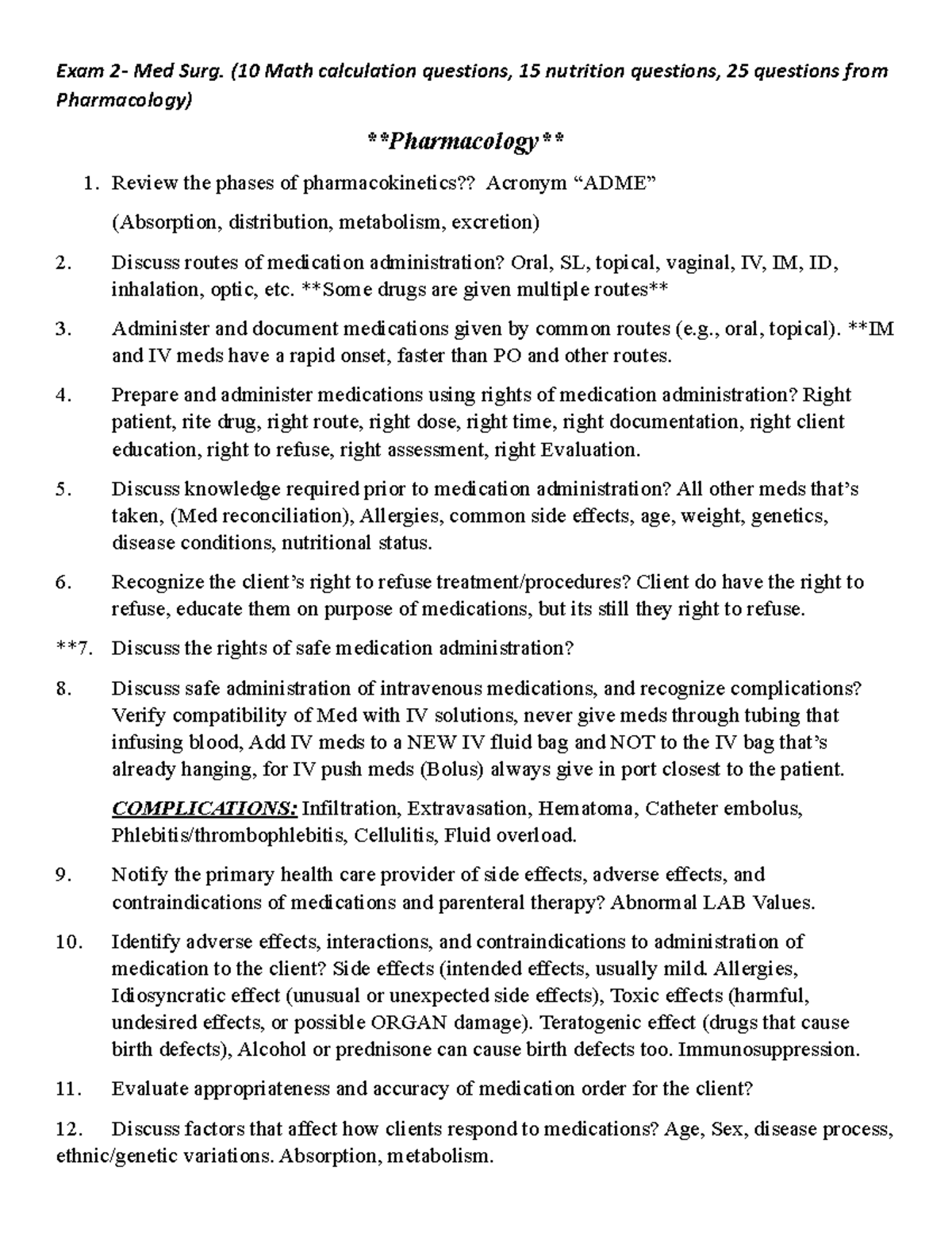 Exam 2-Med Surg Lesson Plan- Study Guide - Exam 2- Med Surg. (10 Math ...