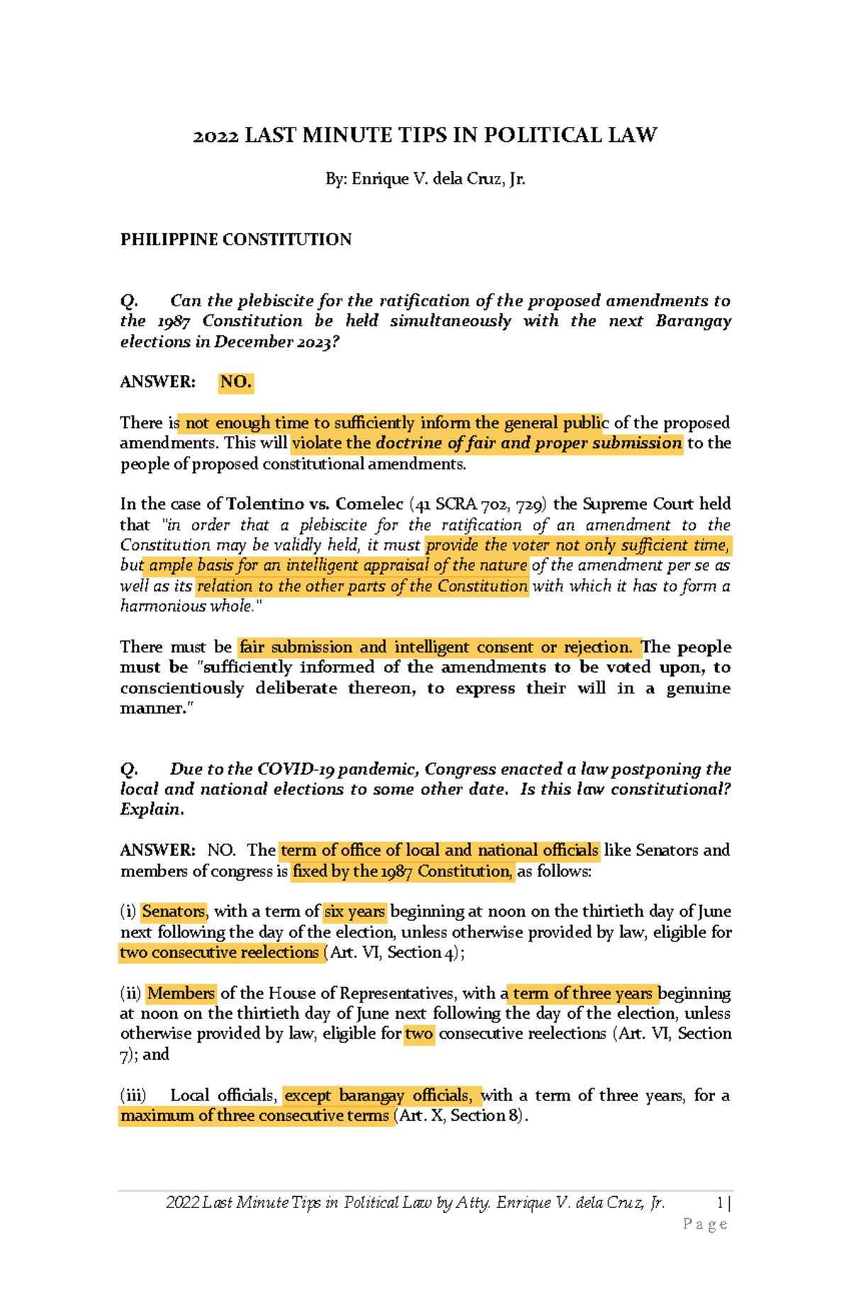 Last Minute Tips in Political Law 2022 by Atty. Dela Cruz - 2022 Last ...