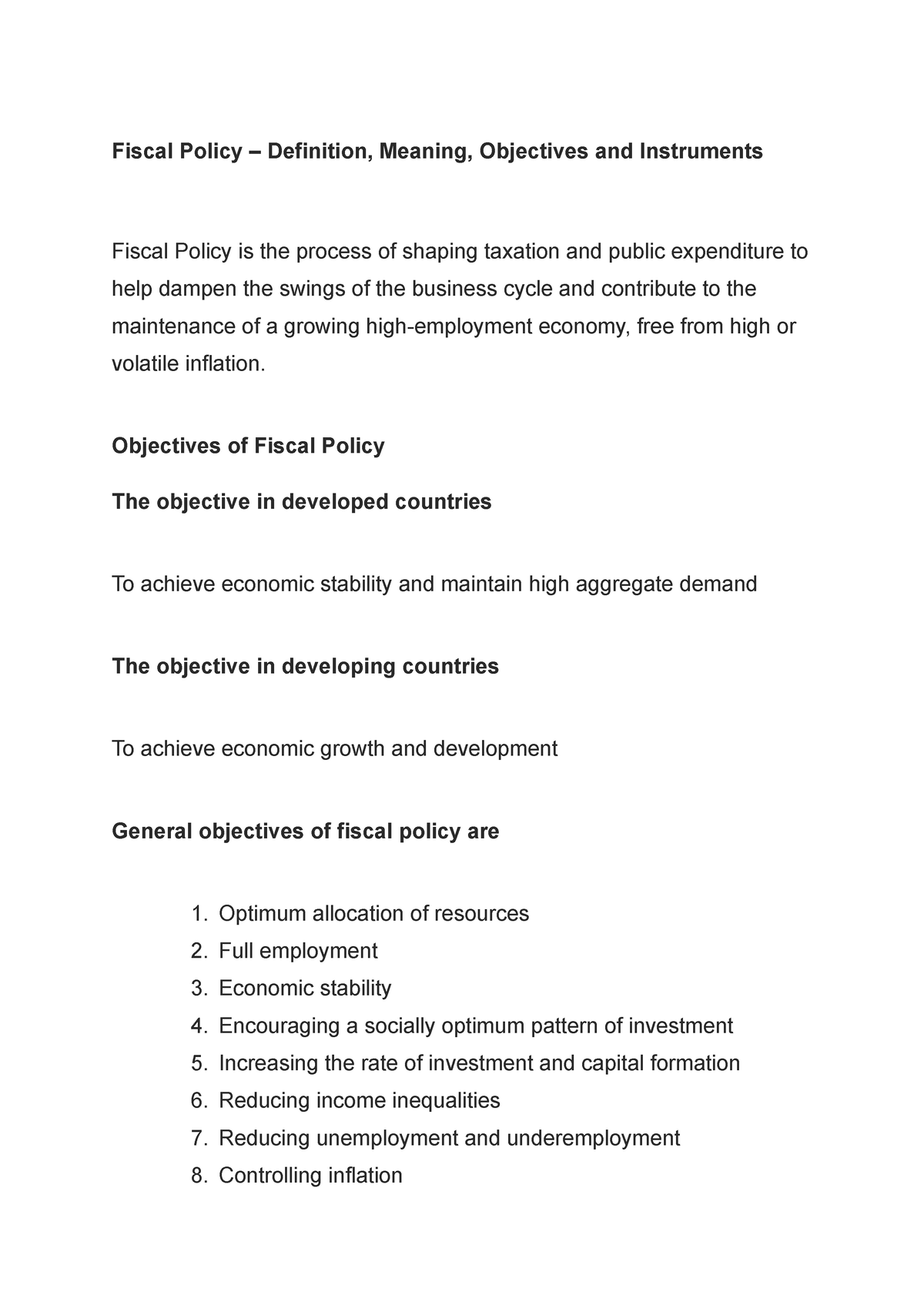 Fiscal Policy – Definition, Meaning, Objectives And Instruments ...