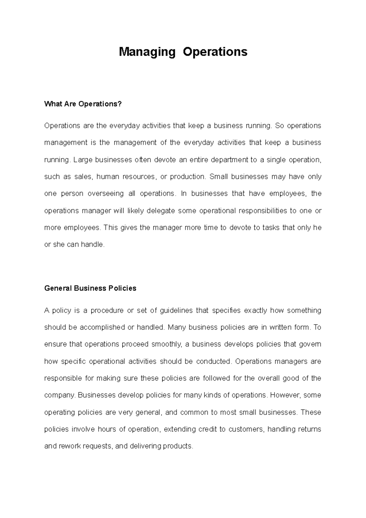 Managing Operations - notes that have an examples, definitions ...