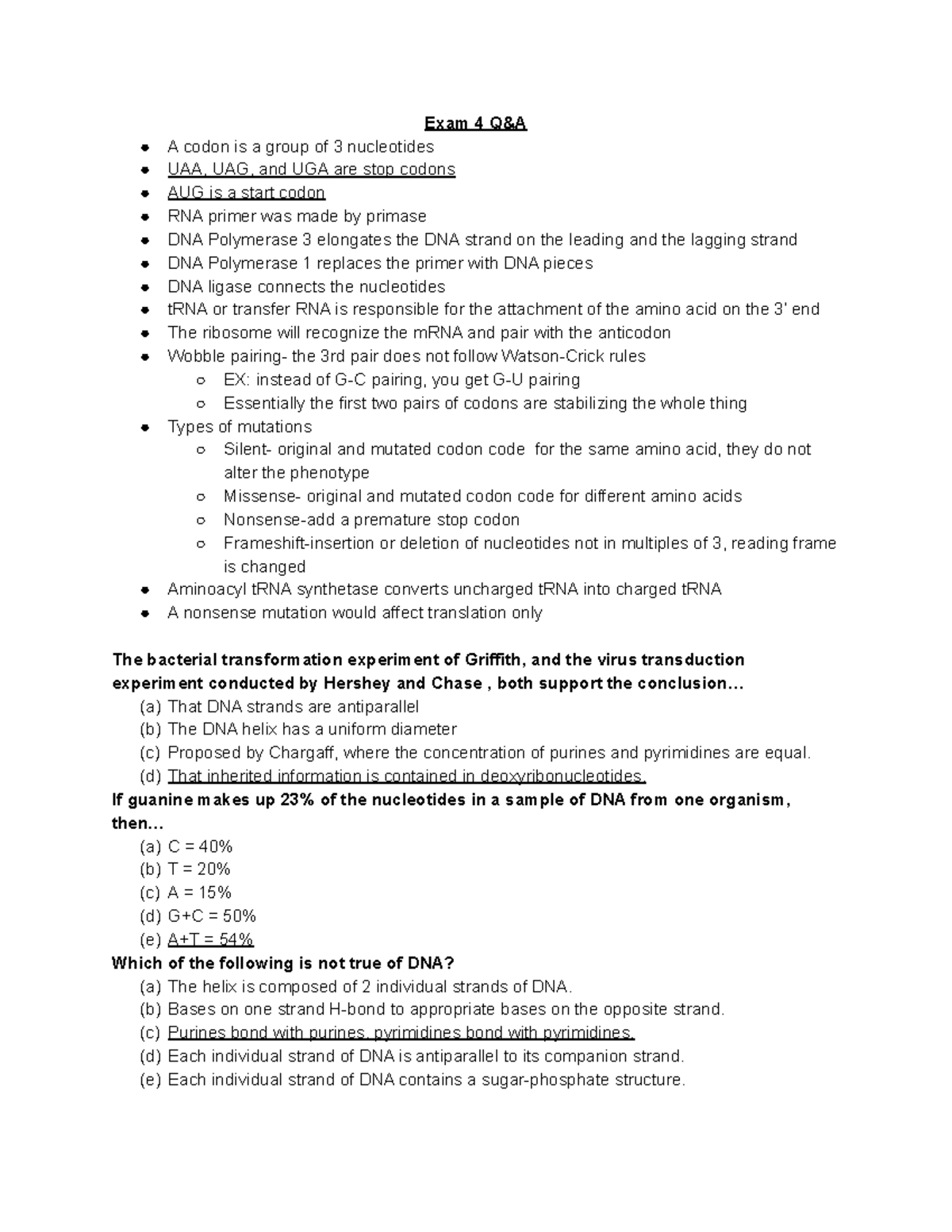 BIO100 Exam 4 Review - Exam 4 Q&A A codon is a group of 3 nucleotides ...