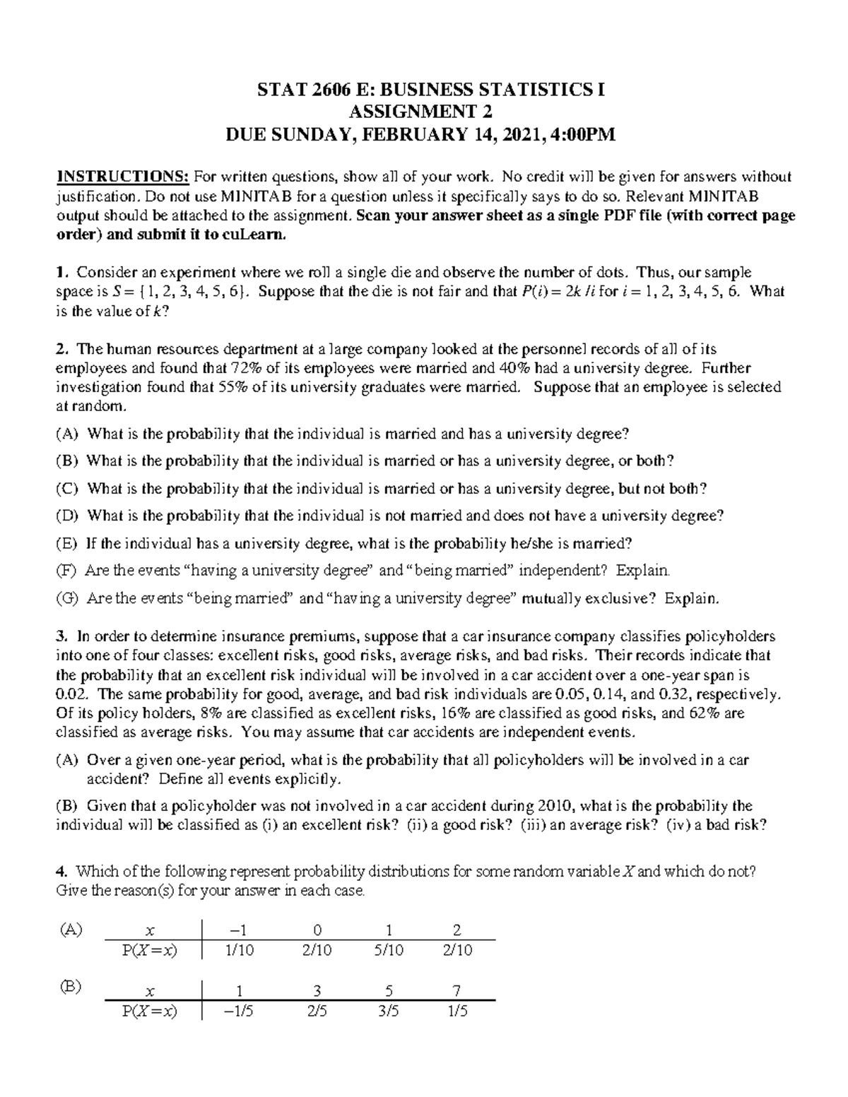 Assignment 2 - stat - STAT 2606 E: BUSINESS STATISTICS I ASSIGNMENT 2 ...