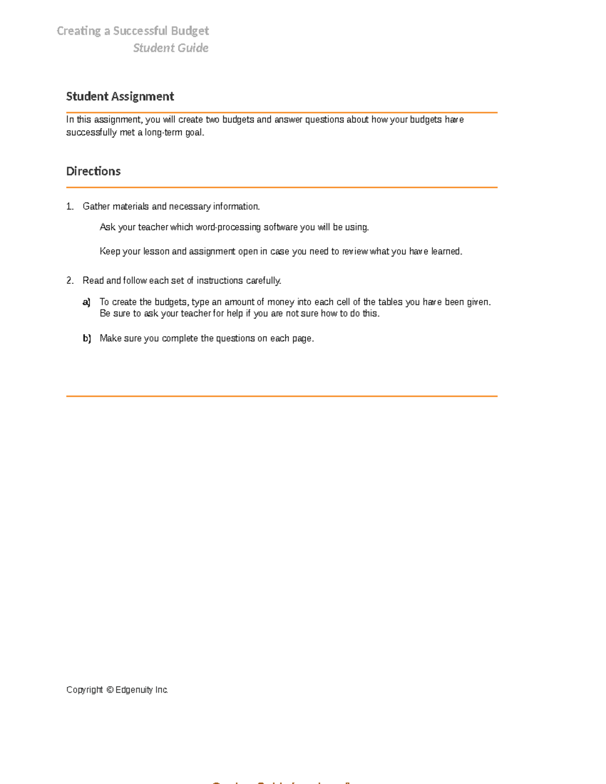 Budget Assigment - stuffs - Creang a Successful Budget Student Guide ...