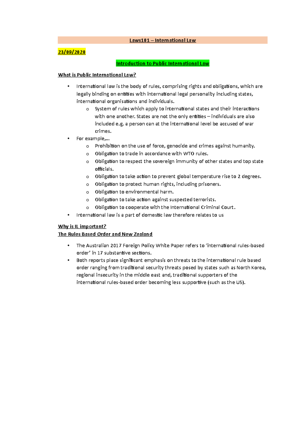 International Law Notes - Laws101 – International Law 23/09 ...